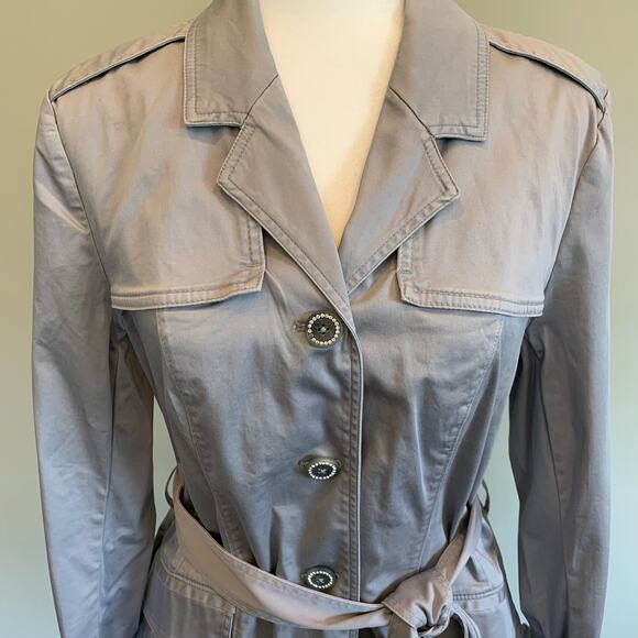 WHBM grey short trench belted jacket crystal buttons size 12 NEW - Picture 3 of 16